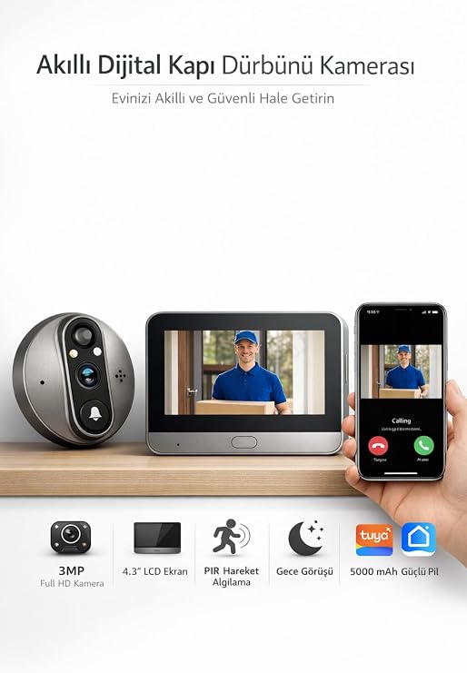 Akıllı Kapı Dürbünü Kamerası 4.3 Inç Ekranlı Gece Görüşlü Pir Sensörlü Tuya Smart Wifi 3 MP İç Mekan