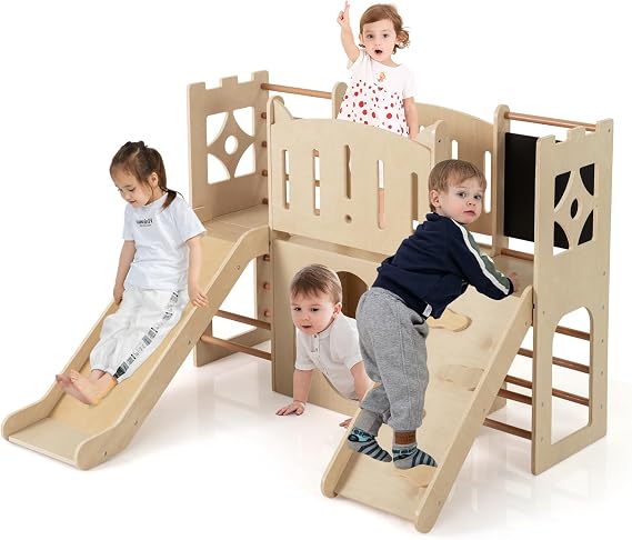 COSTWAY Toddler Slide, 8 in 1 Indoor Playground with Climbing Ladder & Rock, Chalkboard, Crawl-thru Hole, Wooden Montessori Slide Climber Playset for Kids 3+