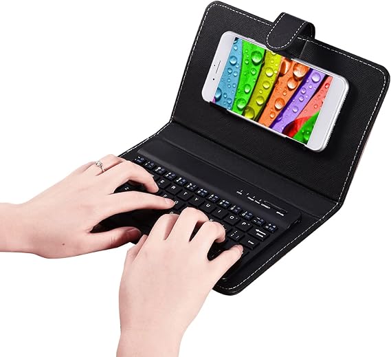Watris Veiyi Deri Kılıflı Kablosuz Klavye - Bluetooth Cep Telefonu Klavye Kılıfı, iOS Android için Standlı Kapaklı Kapak