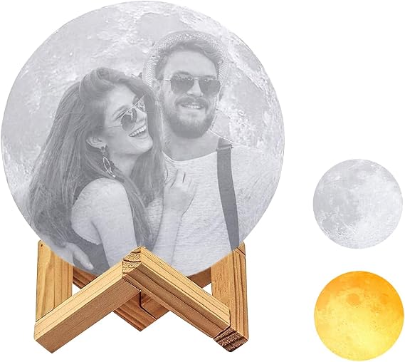 3D Moon lamp Personalized, Customised Night Light with Photo Picture Text - Wooden Stand, Touch Control, USB Charging, Dimmable, Home Decorative Christmas Valentine's Day Gift [Energy Class G]