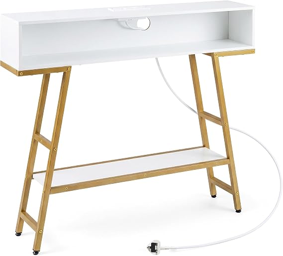Multigot Console Table with LED Lights, 100cm Narrow Entryway Table Hall Desk with Charging Station and Storage Shelves, 3-Tier Slim Behind Couch Sofa Tables for Hallway Corridor (White+Gold)