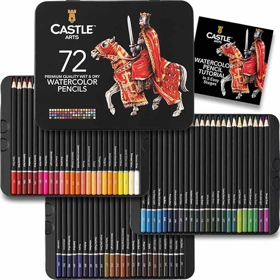 Castle Art Supplies 72 Watercolour Pencils for Adults and Professionals - Premium Artists’ Leads with Vibrant Colours and Beautiful Blending Effects with Water