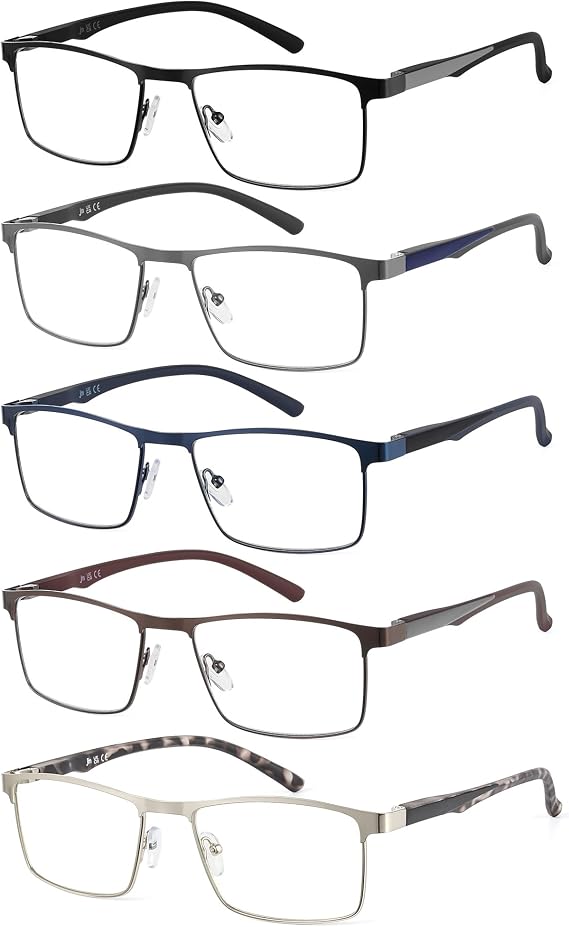 JM 5 Pack Rectangular Reading Glasses Men, Blue Light Blocking Computer Readers, Metal Thin Frame Spring Hinge Eyeglasses
