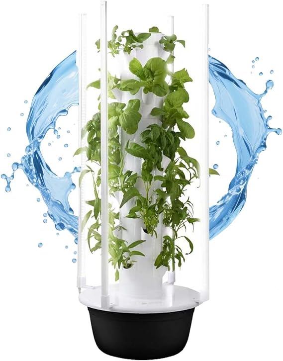 Compact Vertical Hydroponics Tower for Indoor Vegetable Gardening, 5/7/9 Layer Smart Planter Kit with LED Grow Lights, Water Pump, BP-A-Free ABS Material(28Holes+LED)