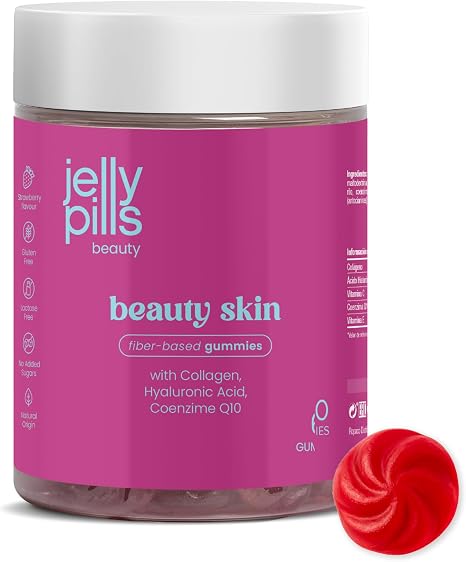 Jelly Pills Collagen Gummies 500 mg with Hyaluronic Acid Coenzyme Q10 Vitamin C & E - 60 Gummy Bears without Added Sugar - Vitamin C for Skin