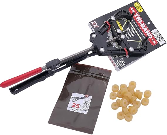 Tri-Band Castration Bander. Includes 25 Bands for Cattle, Sheep, Goats and Other Livestock. Other uses May pertain.
