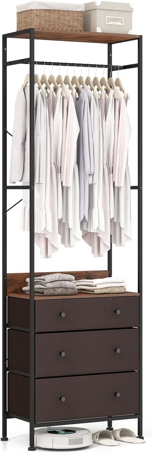 CASART Freestanding Closet Organizer, Open Wardrobe Coat Stand with 3-position Hanging Rod, Storage Shelves & 3 Fabric Drawers, Heavy-duty Clothes Rails for Entryway Bedroom Cloakroom (Brown)