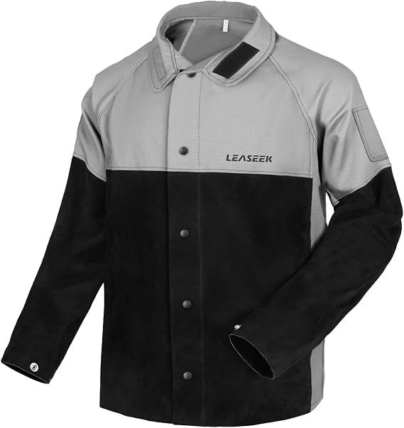 LeaSeek Welding Jacket Cotton with Leather Sleeves,Heat & Flame Resistant