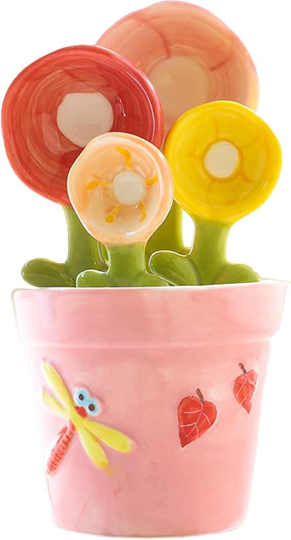 1 Set Flower Measuring Spoons, Ceramic Cactus Measuring Spoons Set In Pot, Decorative Flower Measuring Ladles and Cup Set, Cute Measuring Ladles for Home, Style 2