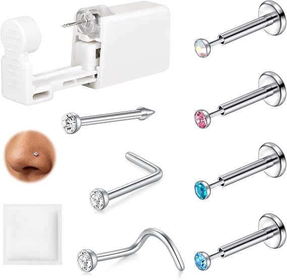 AVYRING Titanium Nose Piercing Kit, Disposable Piercing Gun with 20G 2mm Flat Back Nose Studs & Tools, Complete Set for Easy Use, Quick & Painless, Ideal for At Home Use