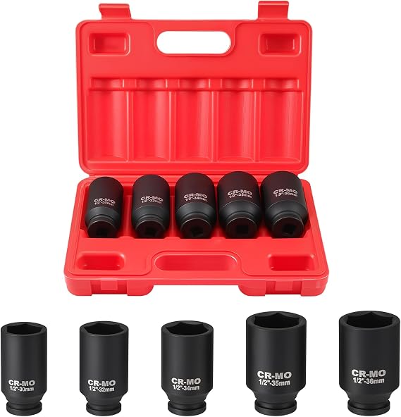 5PCS 1/2" Drive Deep Impact Socket Set, CR-MO Large Socket Set