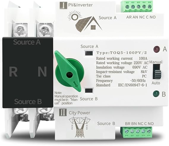 Single Phase Din Rail ATS for PV and Inverter Dual Power Automatic Transfer Selector Switches Uninterrupted 2P 63A 100A 125A Energy Saving(63A)