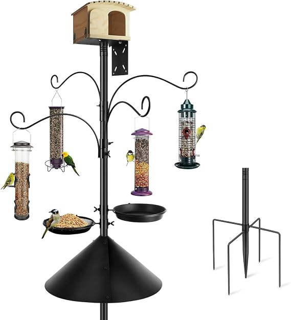 Bird Feeders Hanging Station, Heavy Duty Metal Bird Feeding Station, 232cm Tall Free Standing Multi Bird Feeder Pole Stand Hanger for Attracting Garden Wild Birds