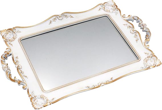 Tstarer Decorative Antique Gold Framed Square Mirror Tray, Jewelry and Cosmetic Organizer for Dresser, Square, 24.1 x 36.8 cm (W x L) (White)