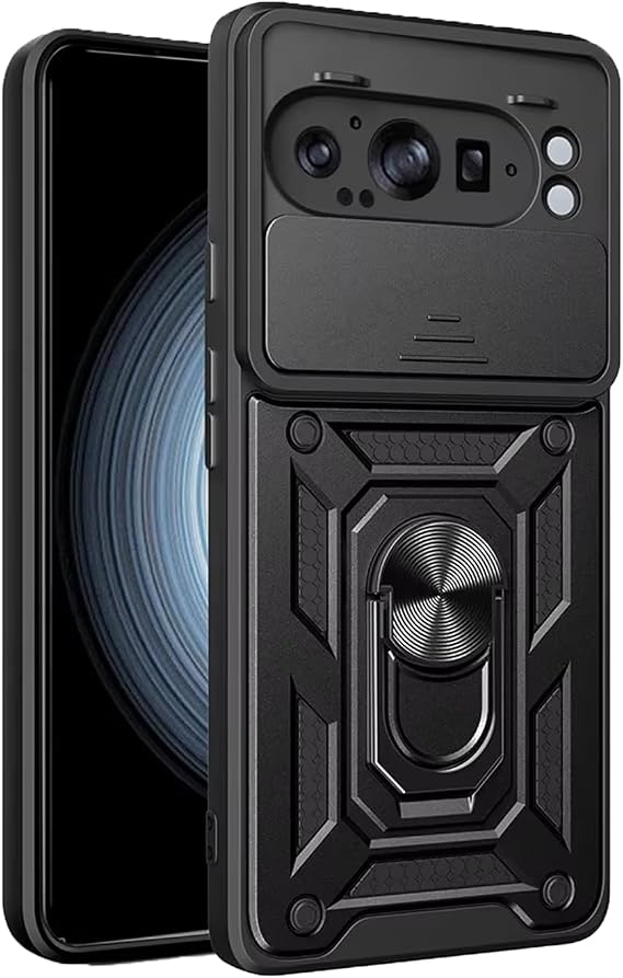Microcase Google Pixel 9 Pro XL QUBEC Serisi Kamera Kapaklı Yüzük Standlı Kılıf-AL5117 (Siyah)