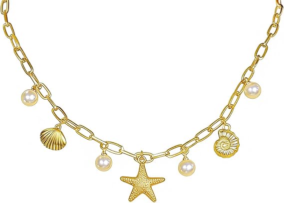 Evabelle ヒトデネックレス 女性用 上品な14Kゴールドメッキオーシャンシーシェルネックレス ゴールドビーチネックレス トレンディビーチジュエリー