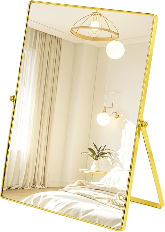 Rectangle Table Top Mirror Vintage Mirror Vanity Mirrors with Adjustable Metal Frame Stand for Living Room, Bathroom, Bedroom,Office Desk,Vanity Table, Travel, Camping (Gold)