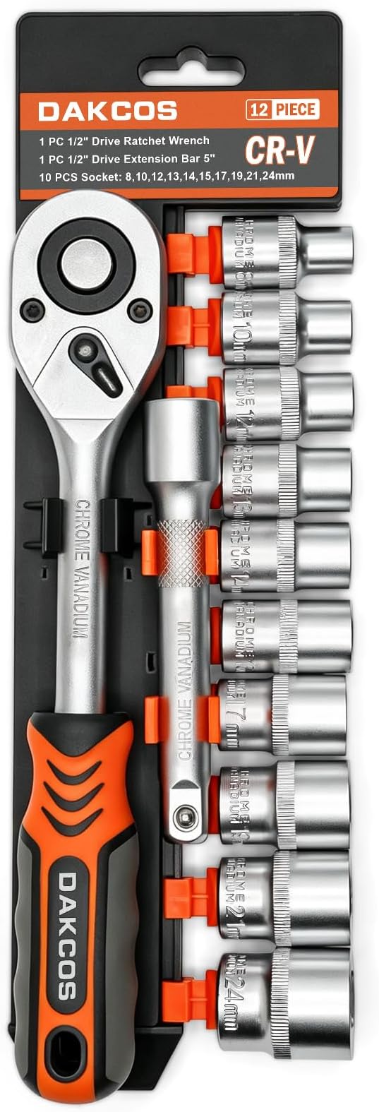 DAKCOS 1/2" Drive 8-24mm Socket Set Ratchet Wrench Handle & Extension Bar 125mm