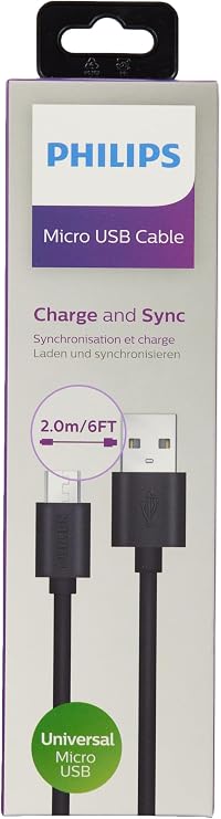 Philips Usb-Micro Usb Şarj Kablosu, 2 Metre, Pvc, Siyah (Dlc3106U/00)