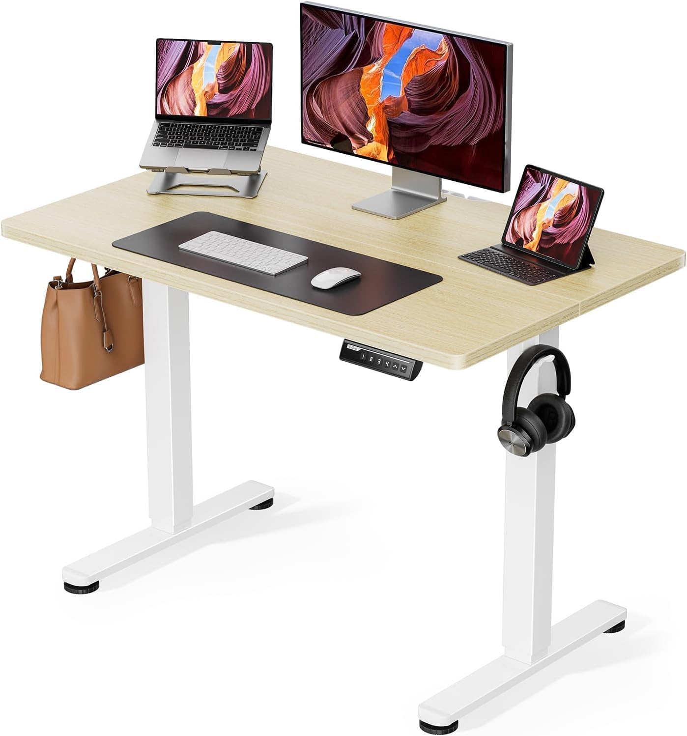ErGear Electric Office Work Table, Elevating Desk, Standing Desk, Width 39.4 inches 100 cm, Height Memory Function, Automatic UpDown Elevation, Quiet, Storage Hook Included, Desk, Work Desk