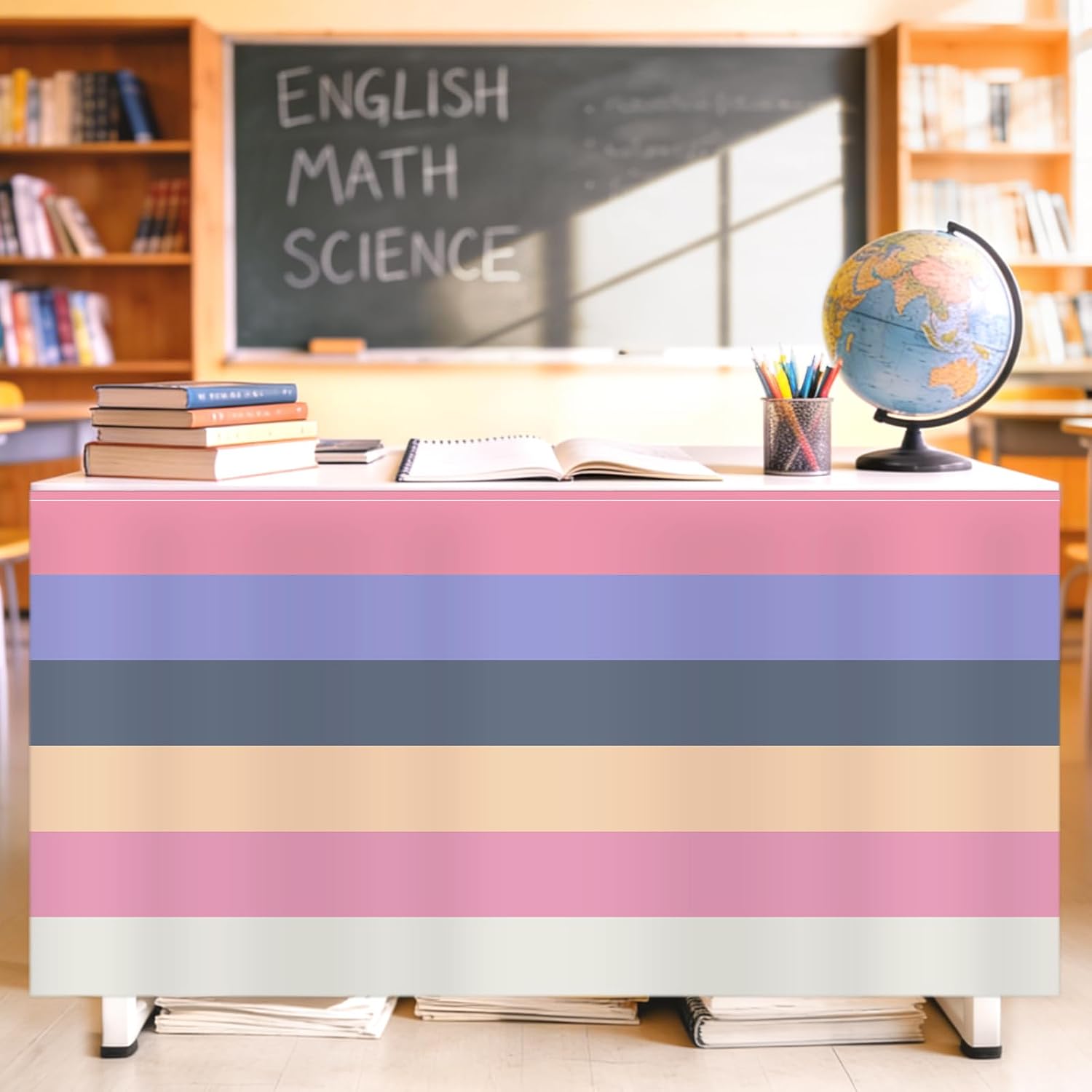 6FT Boho Table Skirt Teacher Desk Curtain Skirts for Classroom Decorations Colorful Rectangle Round Table Cover Skirt for Back to School Party Supplies Kindergarten Office Bookcase Cabinet Shelf