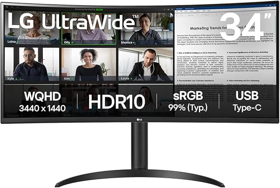 LG UltraWide Curved PC Monitor 34WR55QK, 34 inch, 1440p, 100Hz, 5ms Response Time, VA Panel, Smart Energy Saving, USB-C (65W Power Delivery), Displayport, HDMI