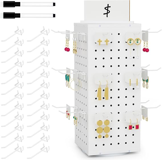 Rotating Peg Board Display Stand with 24 Hooks, Tabletop Metal Pegboard Shelf for Craft Shows & Fairs, Retail Stores, 4-Sided Vendors Arts and Crafts Finishing,White