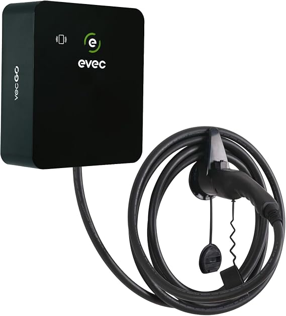 evec vecGO 2.0 EV Charger, Type 2, 7.4kW Tethered Single Phase Wall Mounted Home Car Charger, Shadow Black - VEC03-N