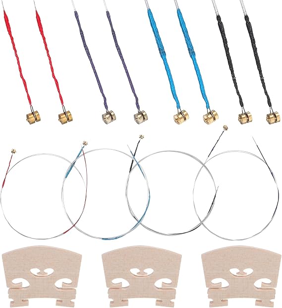 12 Pcs Violin Strings Universal Full Set (G-D-A-E) with 3 Pcs Violin Bridge 4/4 Violins Universal Steel Core Dominant Fiddle String Classic Steel Strings for Instruments 4/4 3/4 1/2 1/4 Violins