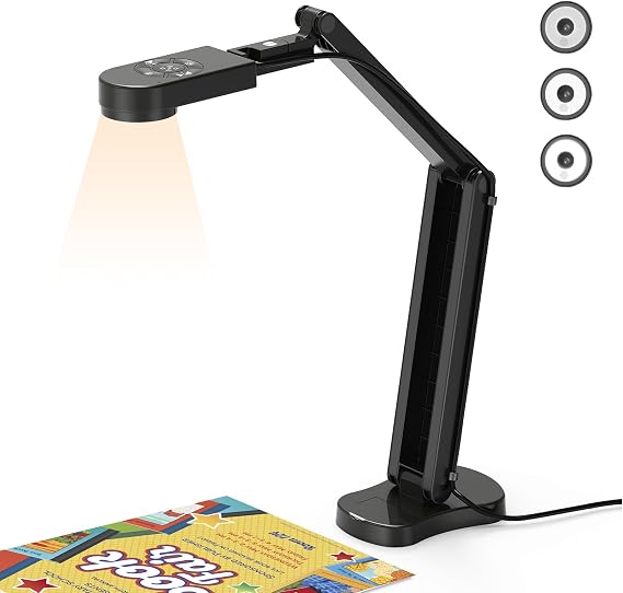 8MP Visualiser/Document Camera, Webcam 4K with A3 format, LED Light, Image Invert Function, Fold, Dual Microphones for Mac OS, Windows, Zoom, OBS work (black)