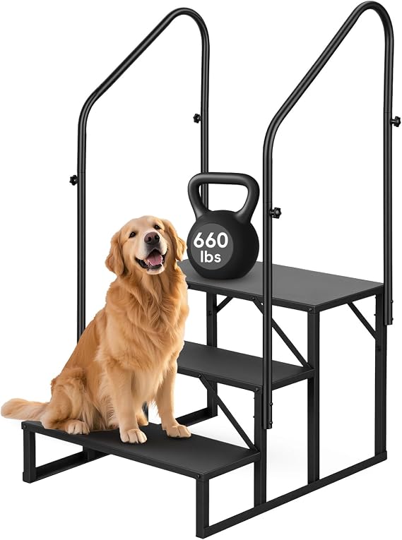 RV Steps with 2 Handrail, 3-Step Heavy Duty Hot Tub Steps, 660lbs Load Capacity, Anti-slip Portable Ladder Stairs for RV, Trailer, Mobile Home, Porch, Pool Black