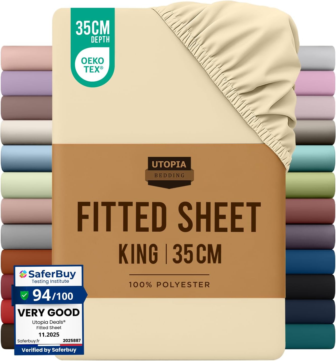 Utopia Bedding Fitted Sheet King, Beige - Deep Pocket 14 inch 35 cm - Easy Care - OEKO-TEX Certified - Soft Brushed Microfibre Fabric - Shrinkage and Fade Resistant - Bottom Sheet