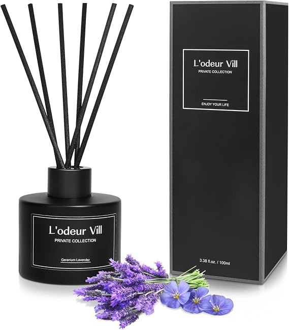 L'odeur Vill Reed Diffuser Set, 100ml Luxury Home Fragrance Diffuser with 8 Fiber Sticks, Long Lasting Scented Aromatherapy for Bedroom Bathroom Living Room Office, (Lavender Geranium)