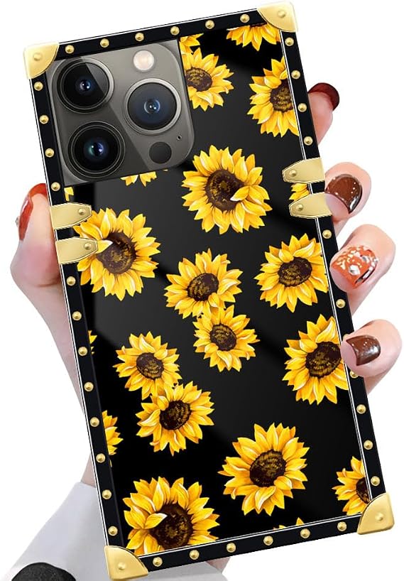 iPhone 15 Pro Max スクエアケース6.7インチ対応 Sunflower-B ゴールド ラグジュアリー ソフト TPU ハード PC バック 耐衝撃 女の子 レディース 保護カバー iPhone 15 Pro Max用