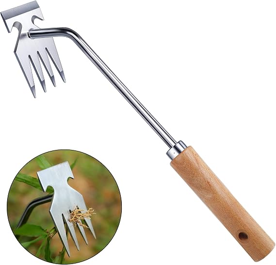 Weed Remover Tool, 4-Tine Garden Hand Weeder & Rake, Wood Handle