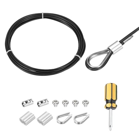 sourcing map 1Set 20ft Wire Rope 304 Stainless Steel Cable, 2mm Vinyl Coated with Cable Clamp, Aluminum Sleeves and Thimble for Railing, Hanging, Clothes Lines, Black 6m