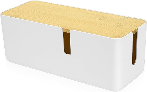 Cable Box, Cable Management Box, Cable Storage Box with Bamboo Lid, Cable Organizer for Hiding Cables, Power Strips, Loose Wires, White