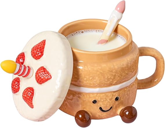Funny Coffee Mug | 400ml Ceramic with Lid Spoon | Cake-Shaped Coffee Mugs Water Cup,for Hot Cold Drinking Water Tea Milk Christmas Valentines Day Home Office School Cafe