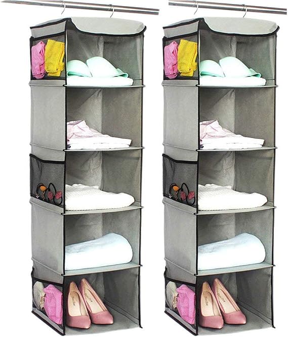 BrilliantJo Hanging Storage with 5 Shelves Set of 2 Wardrobe Closet Organiser, Storage Shelves Unit with 6 Pockets for Clothes - Grey 108H x 30W x 30L