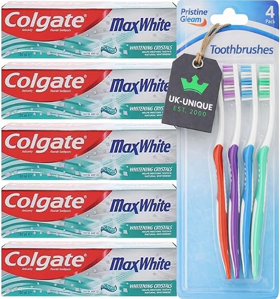 C o l g a t e Max White Whitening Toothpaste Bundle – 5 × 100ml Toothpaste + 4 Toothbrushes | Removes Stains for Whiter, Brighter Teeth (9-Pack Bundle) (MaxWhite)