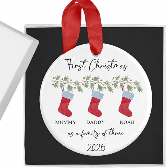 Customisable First Christmas Family Ornament - Personalised Bauble for Family of 3 or 4, New Baby Keepsake, Festive Decoration, Ideal New Parents Gift (Family Of 3)