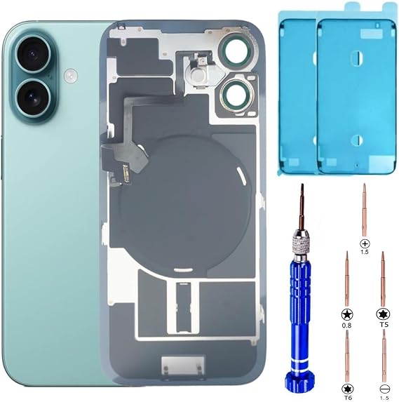 16 バックガラス 交換用 iPhone 16 バックカバーガラス 6.1インチ 取り付け済みテープ + 取り付け説明書 + 修理ツール ティール-フレックスケーブル付き