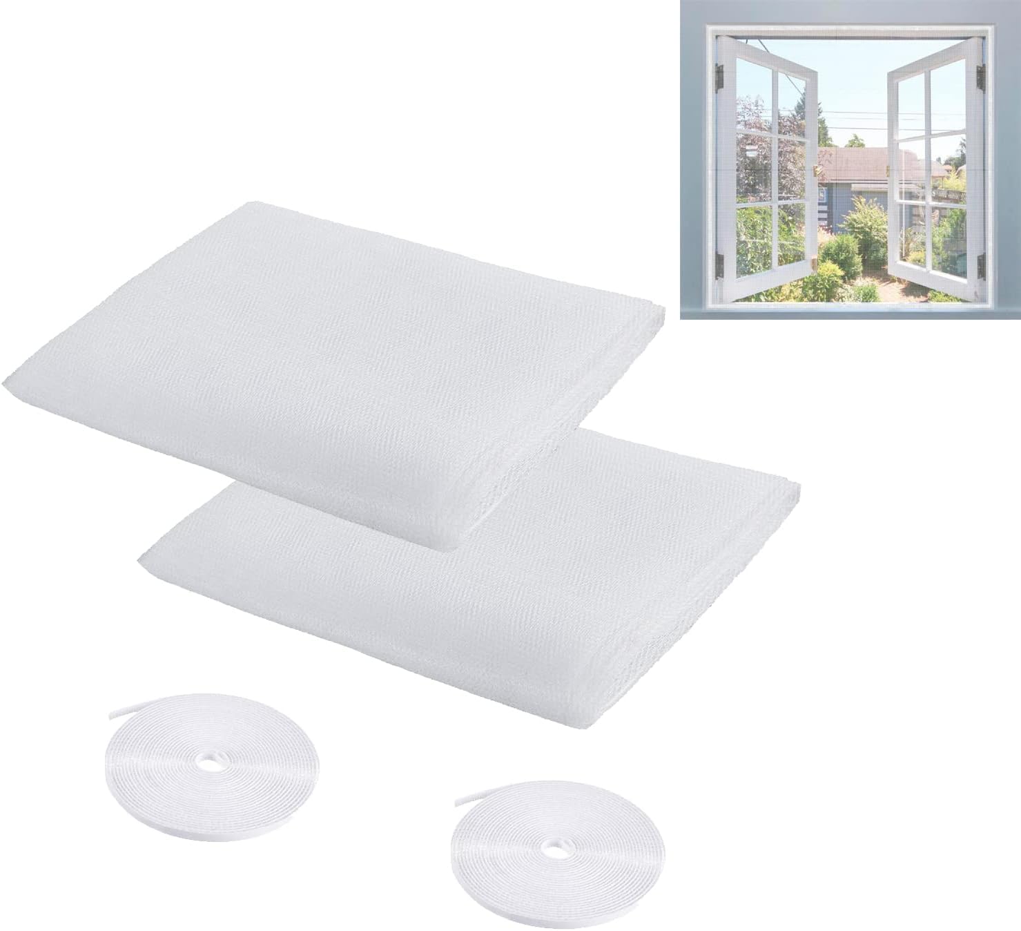 2 Pack Window Insect Screen Net with 2 Rolls Self-adhesive Tapes, Fly Screen Mosquito Net for Window, 1.5 x 2m, White