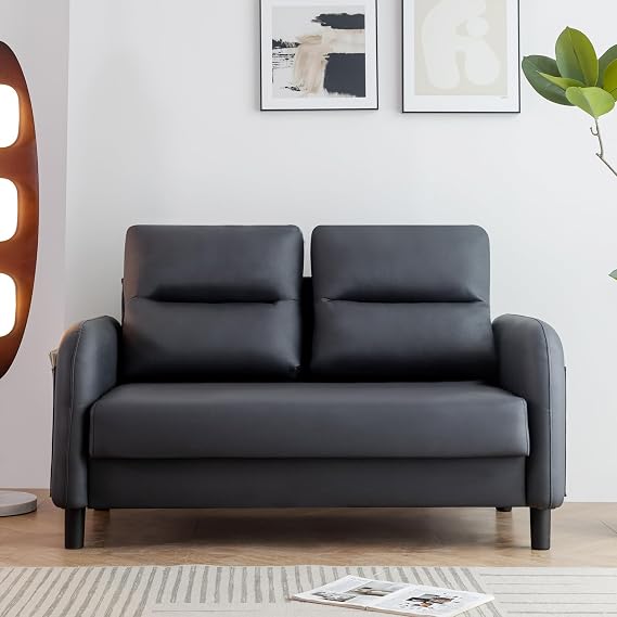 2 Seater Leather Sofa Couch Loveseat With Armrest for Small Spaces Black