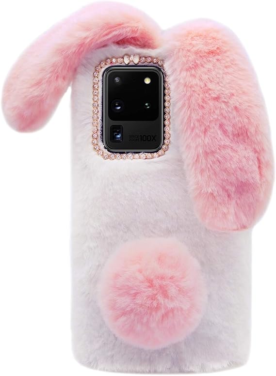 Galaxy S23 Ultra用ケース フラシ天 ラビットケース レディース ガールズ ソフト 暖か ふわふわ ふわふわ バニー イヤーファー 電話ケース 保護カバー キラキラ クリスタル ラインストーン リボン ノット グリッター ダイヤモンド ホワイト ピンク
