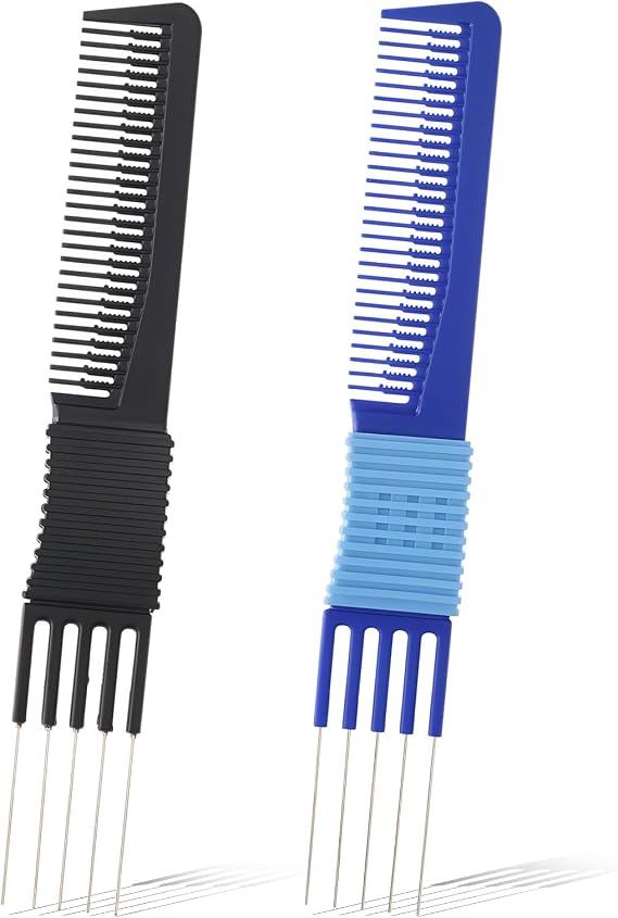 2 PCS Comb with Prongs on, Lift Teasing Comb for Fine Hair, Hairs Backcombing Combs, Hairs Pick Salon Teasing Metal Pick Lifting Fluffing Combs for Women Men Curly Hair(Black, Blue)