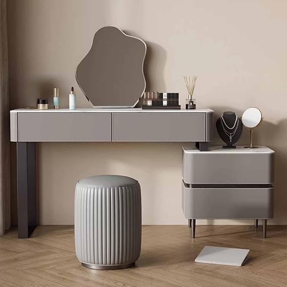 Vanity Table Set, Saddle Leather Makeup Vanity, Vanity Makeup Desk, Dressing Table with Mirror and Stool, Makeup Table with Movable Bedside Table, Gray Vanity Dresser(120cm/47.2in)