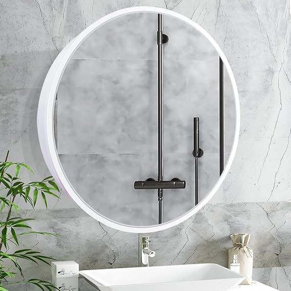 Round Mirror Cabinet, Aluminium Mirror Frame, Powder-Coated Iron, Hydraulic Hinge, Copper-free Silver Mirror, 66 cm, White