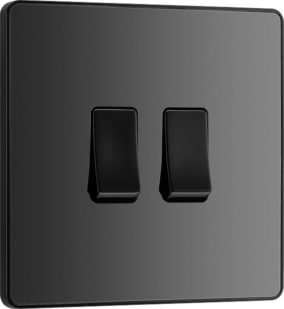 BG Electrical Double Wall Light Switch, 2 Way, Screwless Front Plate, Round Edges, Evolve, Black Chrome, 20A, 16AX, PCDBC42B
