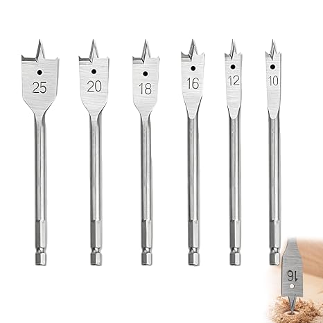 6PCS Wood Drill Bits Set, 10-25mm Bits Hex Shank Paddle Spade Drill Bit Set